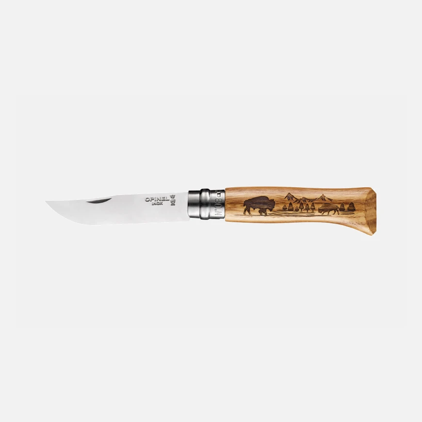 Navaja Opinel N°08 Animalia Bisonte | Cuchillo Outdoor Grabado en Roble 1 Navaja Opinel N°08 Animalia Bisonte | Cuchillo Outdoor Grabado en Roble